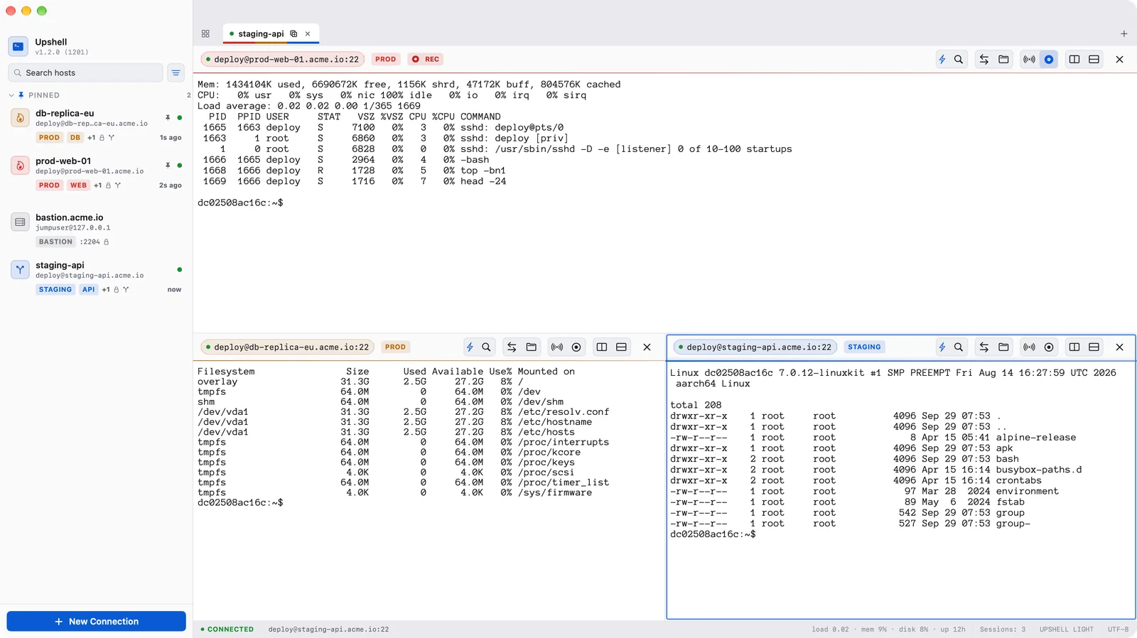 Upshell with three split SSH sessions, a recording badge and live server stats in the status bar