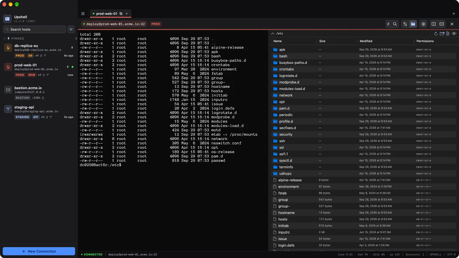 SFTP file browser next to the shell, on the same SSH connection