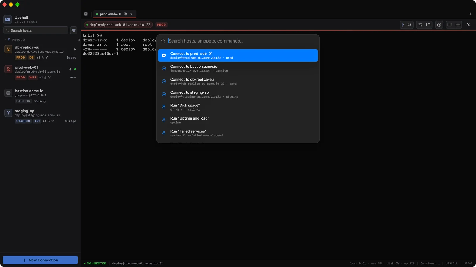 The ⌘K command palette listing hosts, snippets and commands